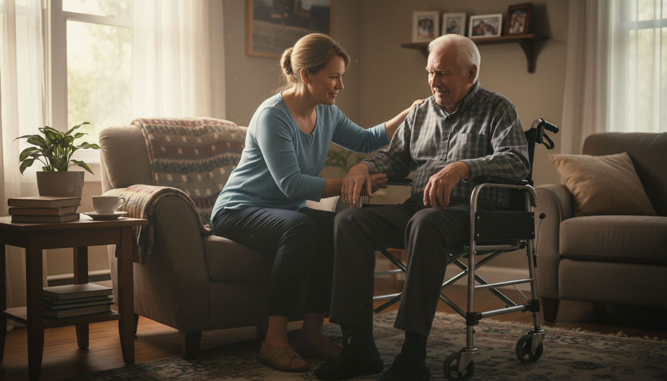 Caregiver assisting adult with muscular dystrophy during safe home transfer