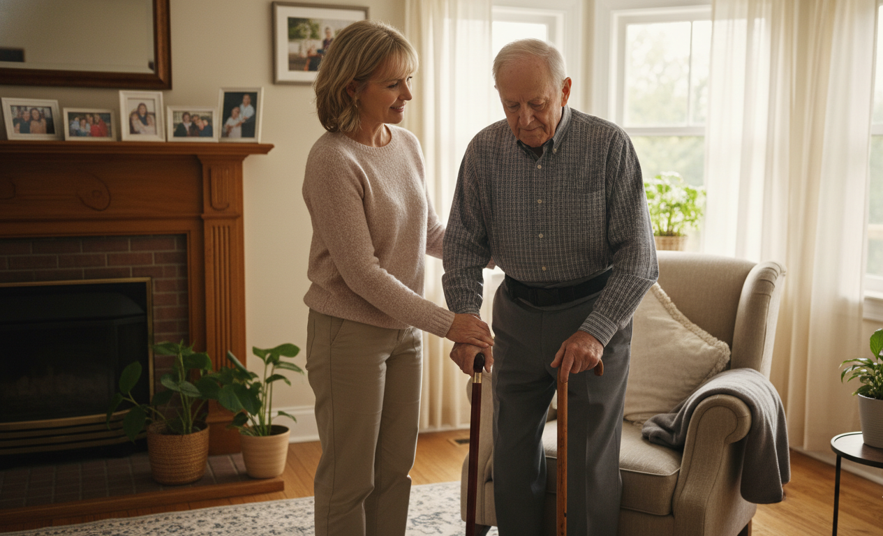Caregiver providing daily movement support for an older adult with Parkinson’s disease