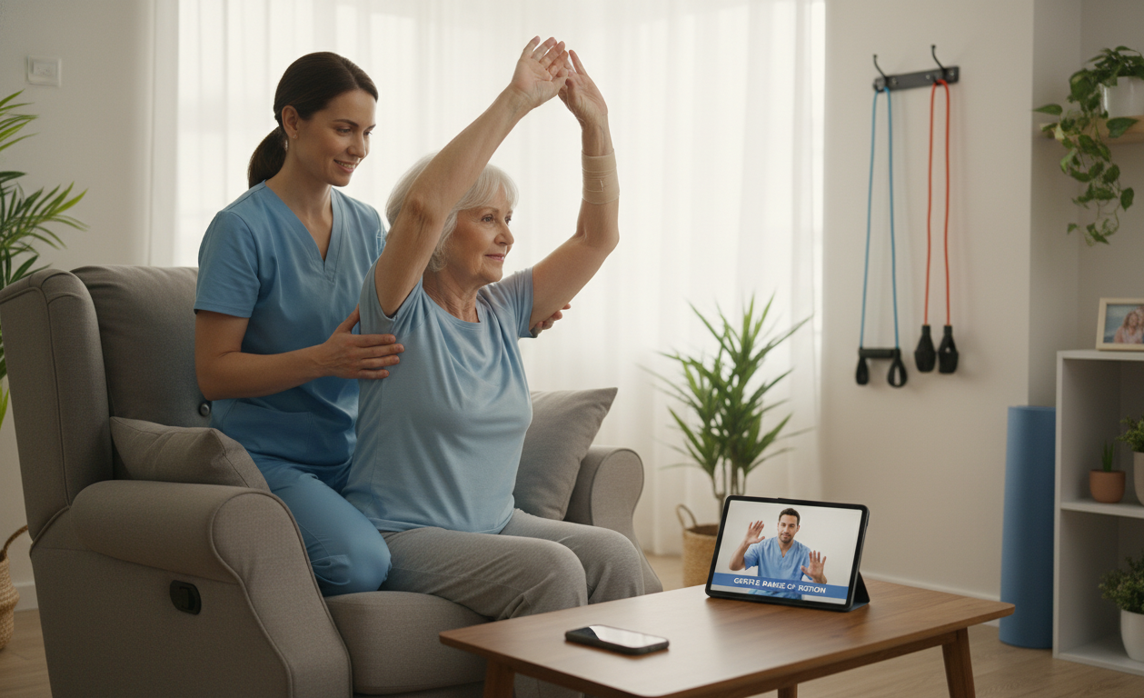 Caregiver supporting stroke recovery with physical therapy exercises at home
