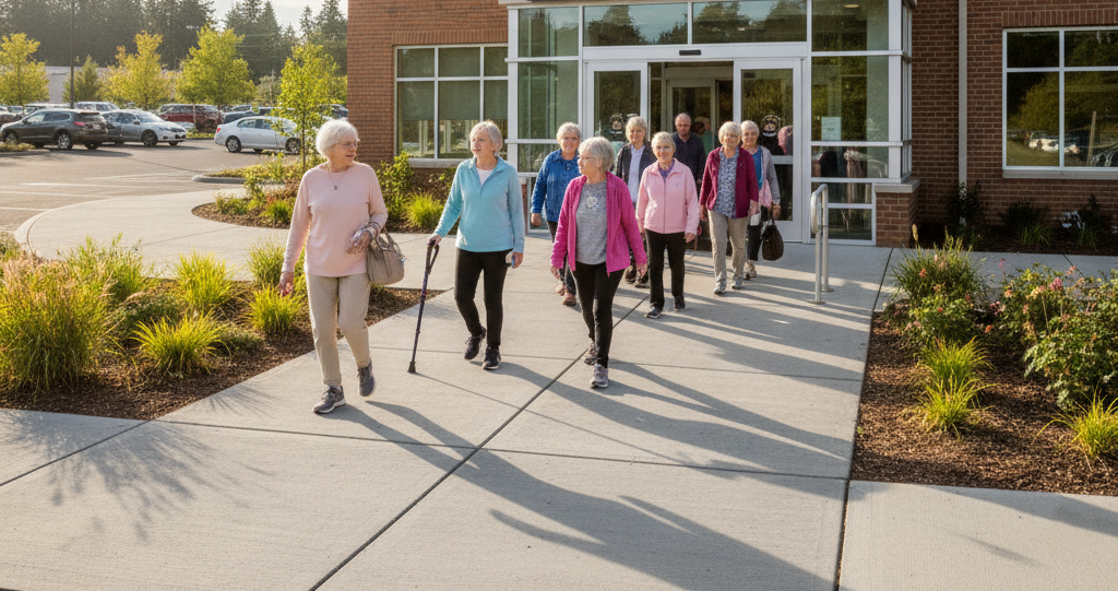 Salem seniors visiting Center 50+ for HWY Physical Therapy programs and community wellness.