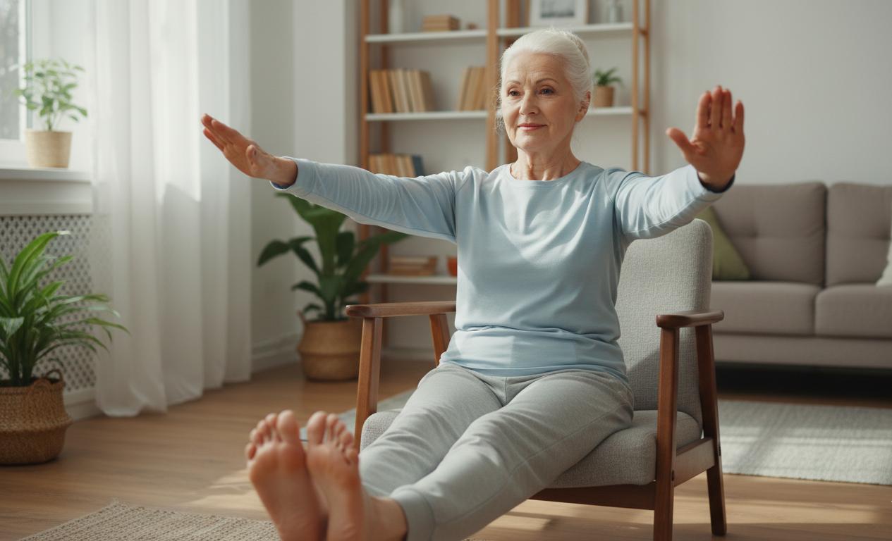 Senior doing chair-based functional exercises at home for mobility and strength