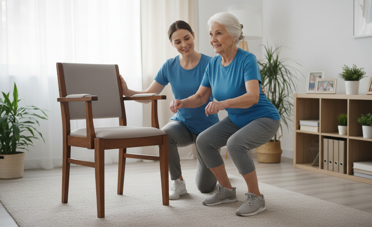 Senior doing chair squat exercises to improve ability to stand up from a chair