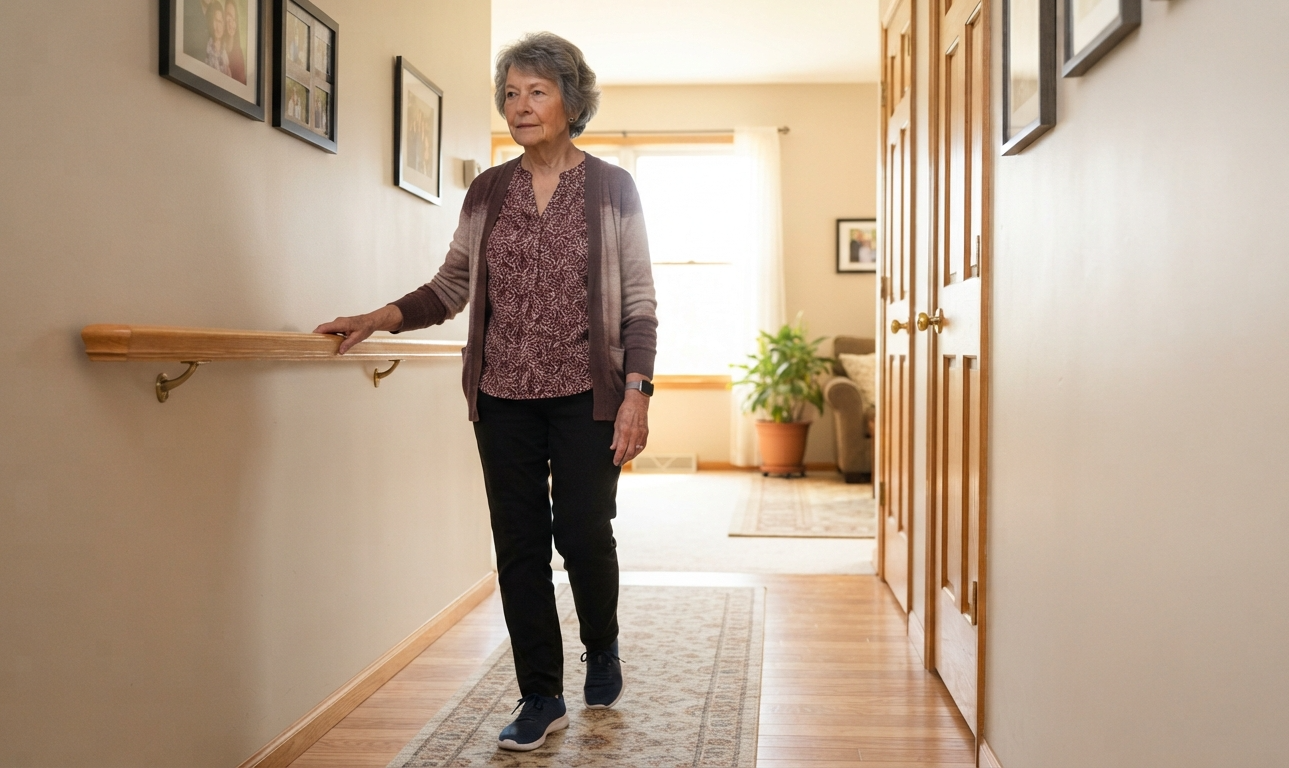 Older adult walking carefully at home while experiencing mild balance challenges.