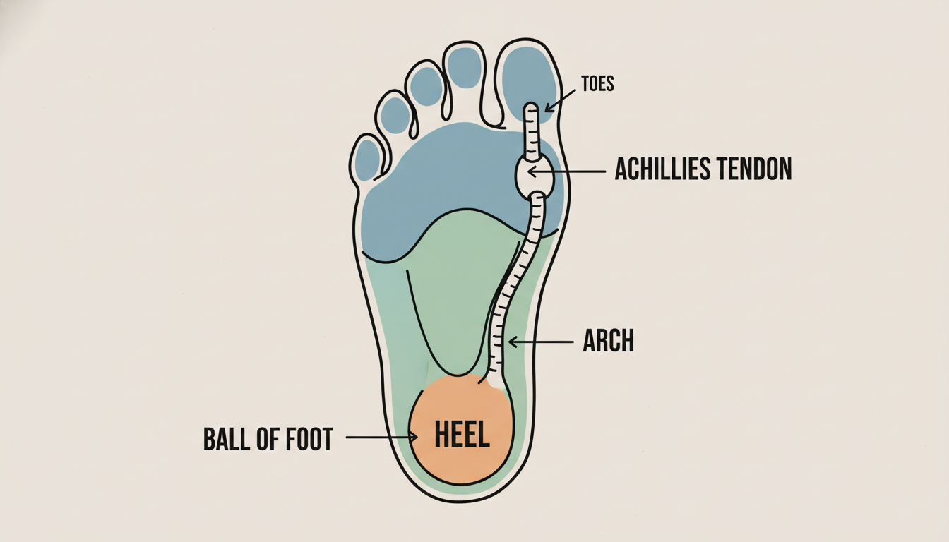 Illustration showing common areas of foot pain including heel, arch, and Achilles tendon