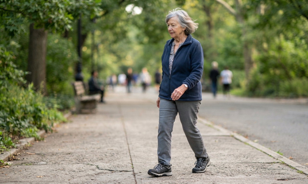 Older adult demonstrating a shortened walking stride caused by age-related gait changes.