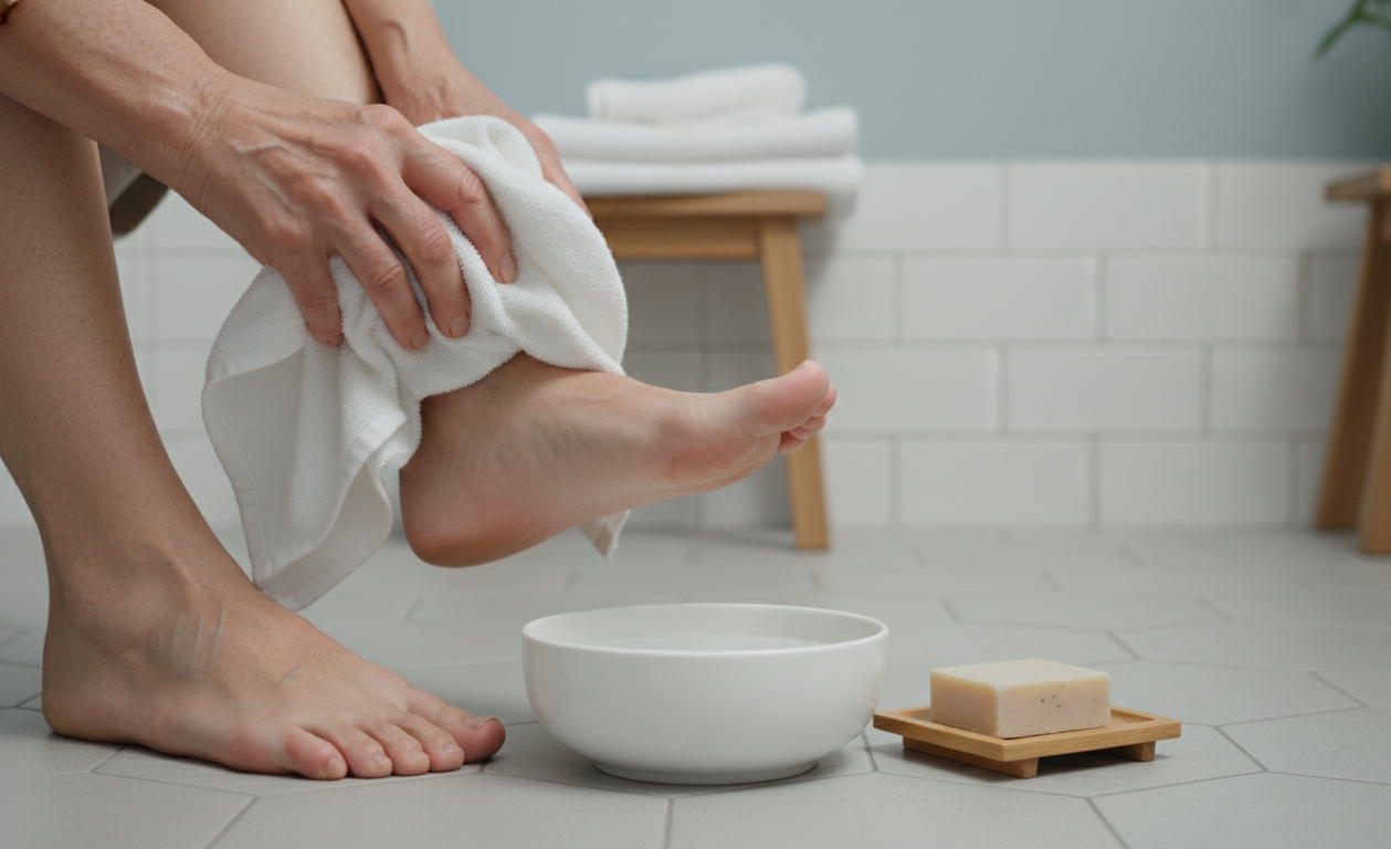 Older adult drying feet after daily diabetic care routine at home