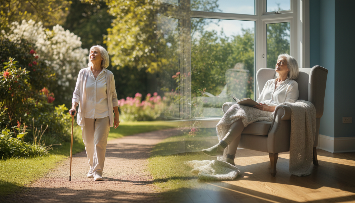 Older adult getting daylight and gentle movement to support better sleep at night