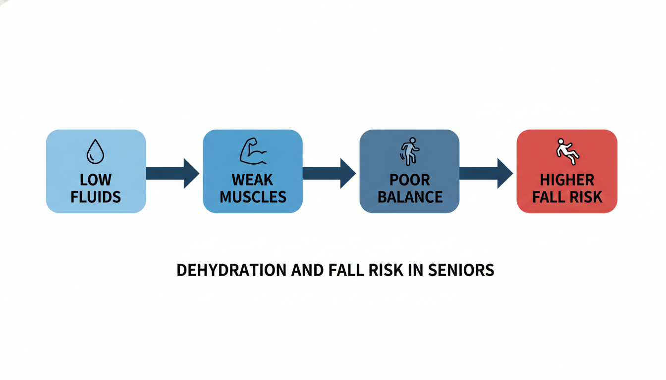 Diagram explaining how dehydration affects mobility and balance in seniors