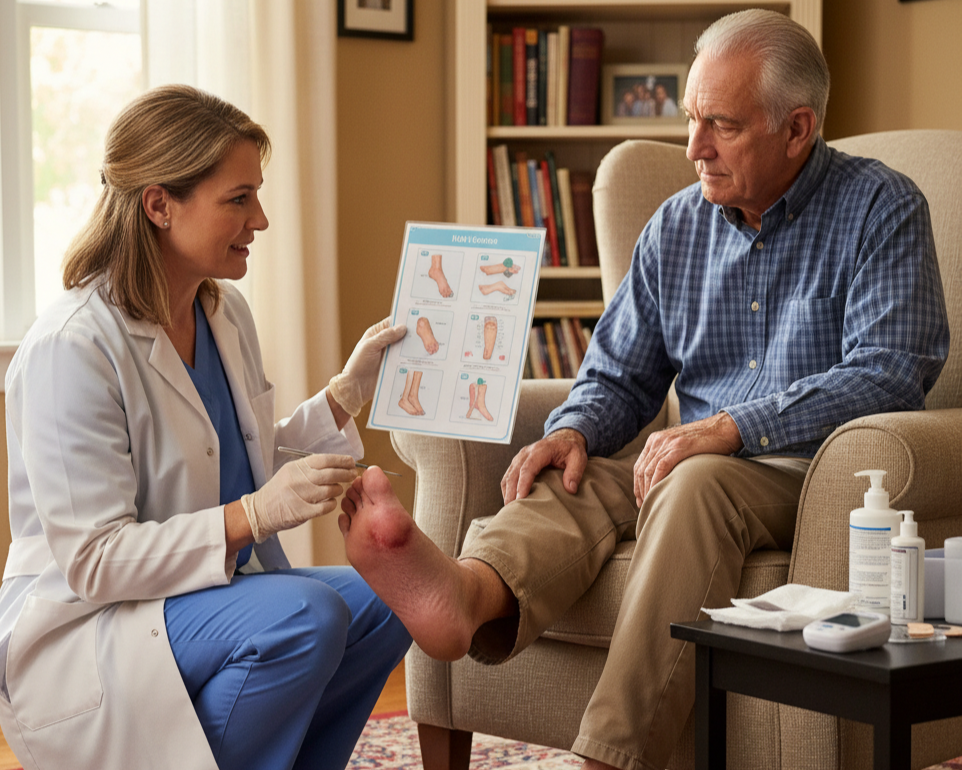 Nurse guiding diabetic wound care at home in Salem