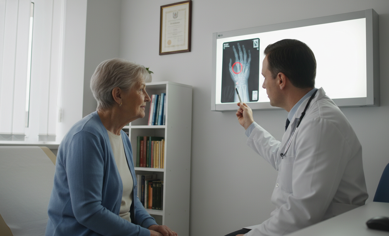 Doctor explaining wrist fracture X-ray results to patient during diagnosis