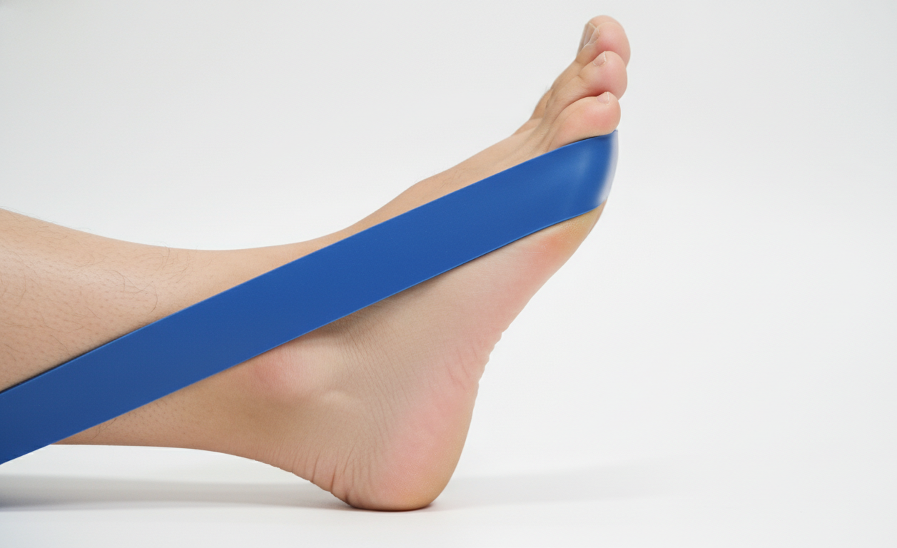 Close up of a drop foot dorsiflexion exercise using a resistance band.