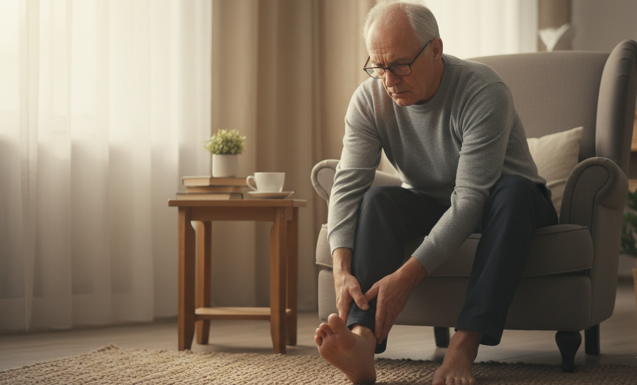 Older adult noticing tingling and numbness in feet from diabetic neuropathy