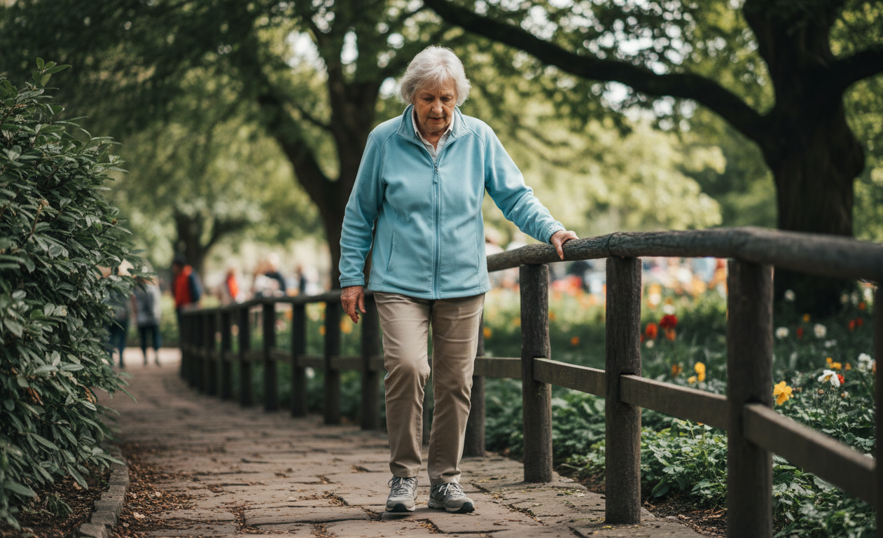 Older adult experiencing mild balance problems while walking outdoors