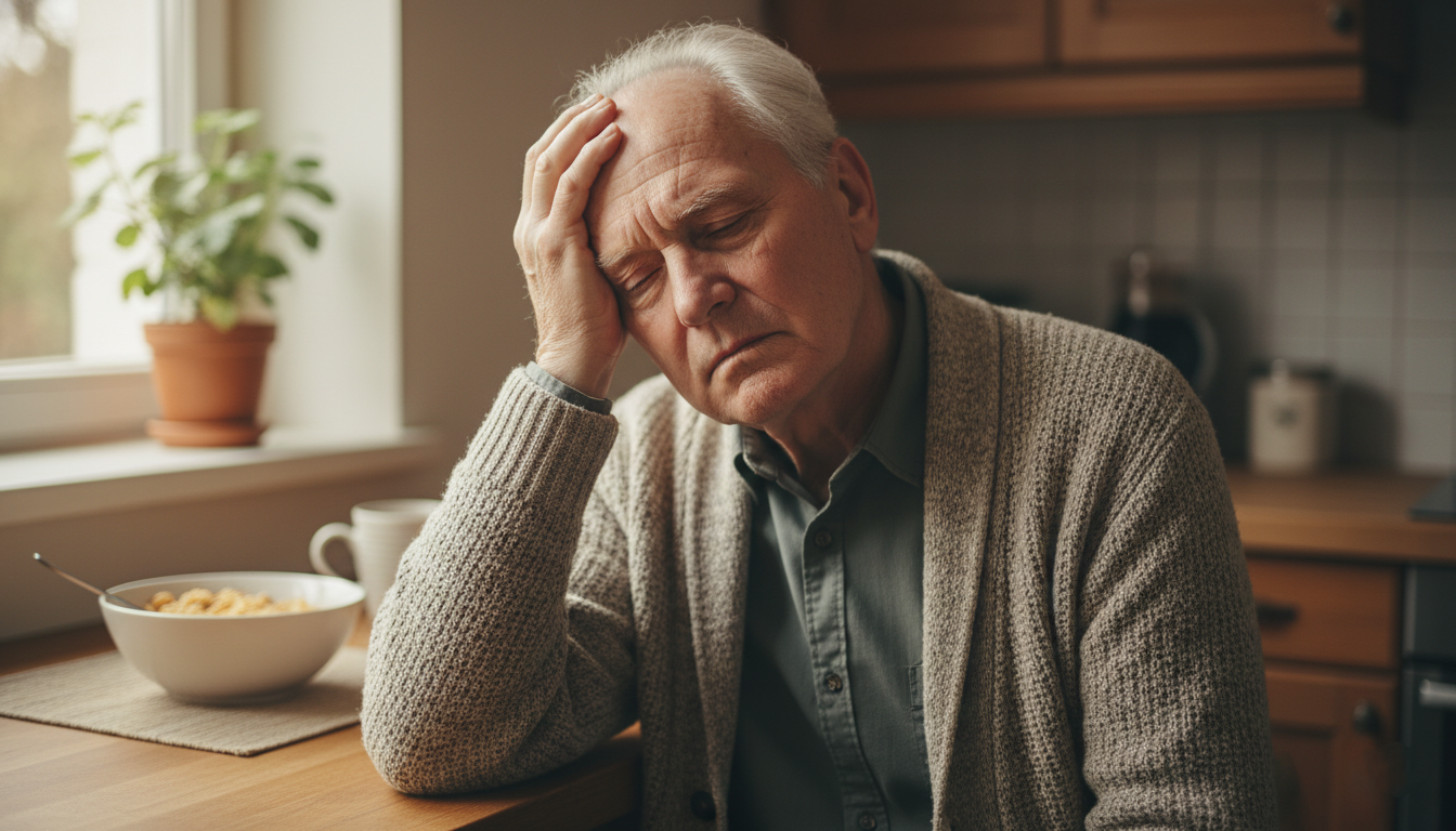 Senior experiencing dizziness at home related to balance problems in elderly