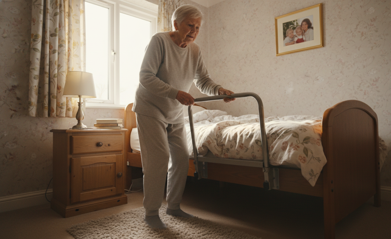 elderly person carefully standing up from bed to avoid dizziness and falls