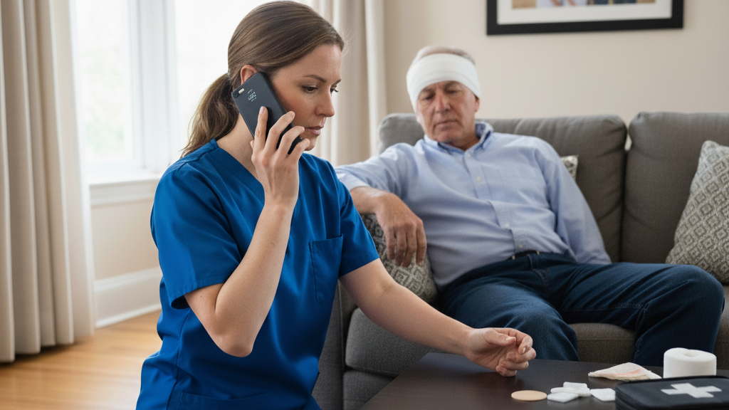 Caregiver calling emergency services for severe wound issue at home in Salem