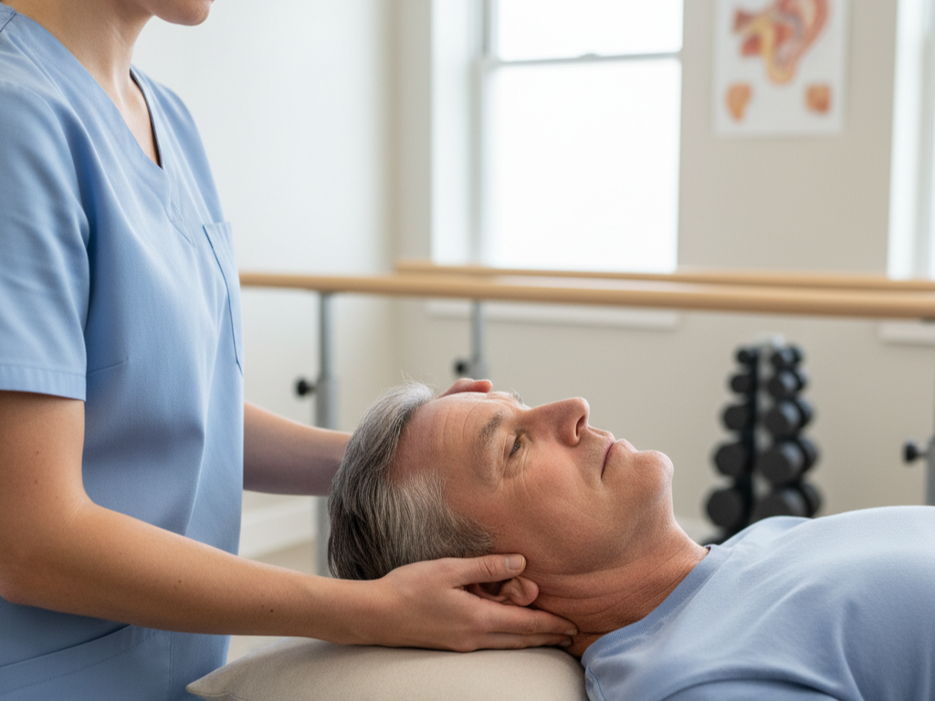 Therapist guiding patient through the Epley maneuver during BPPV physical therapy session in Salem