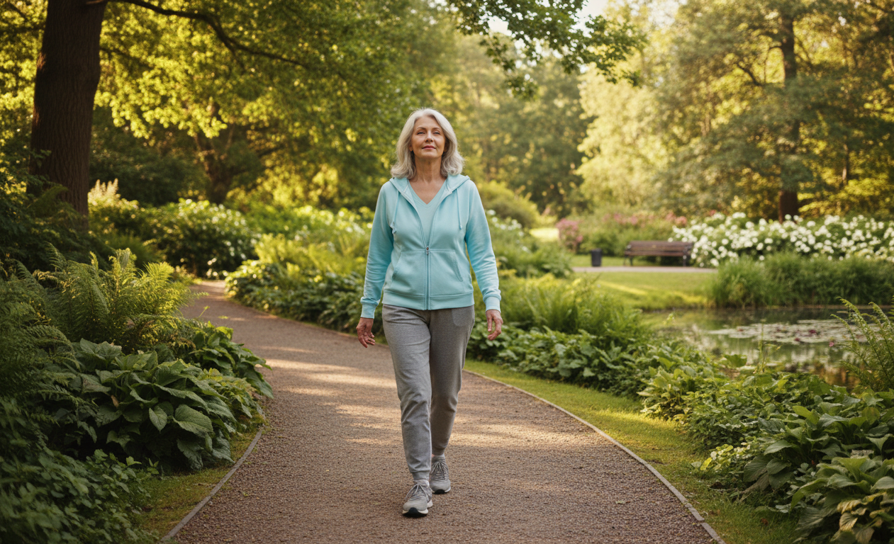 Senior walking outdoors to improve circulation and nerve function naturally