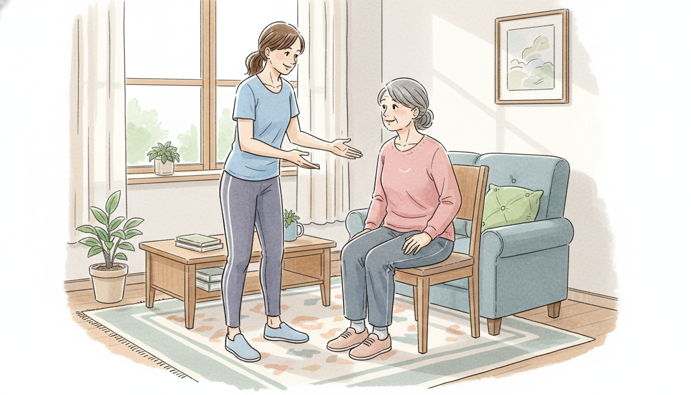 Physical therapist explaining a personalized exercise prescription in a home-based care setting