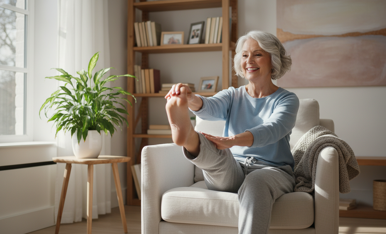 Senior doing foot mobility exercises to improve circulation and reduce neuropathy pain