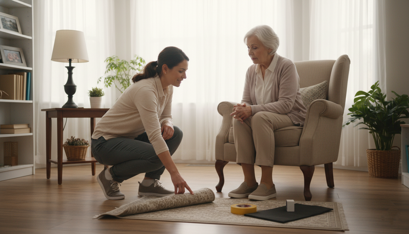 Physical therapist providing home fall prevention advice to senior in Salem Oregon