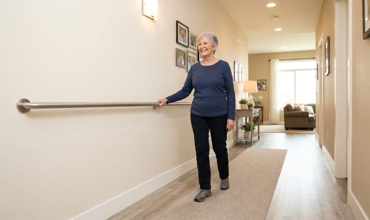Older adult safely walking through a well-lit home with grab bars and clutter-free pathways to prevent falls.