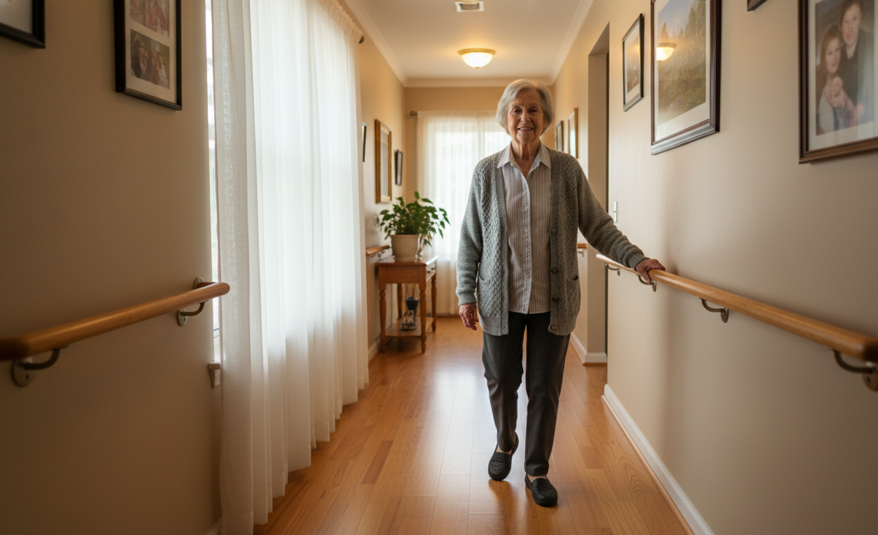Older adult safely walking indoors with improved fall prevention setup