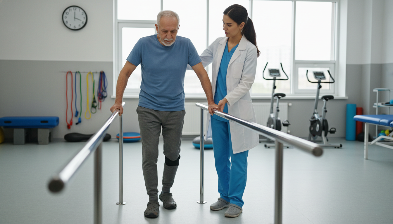 physical therapy session helping senior prevent falls and improve stability