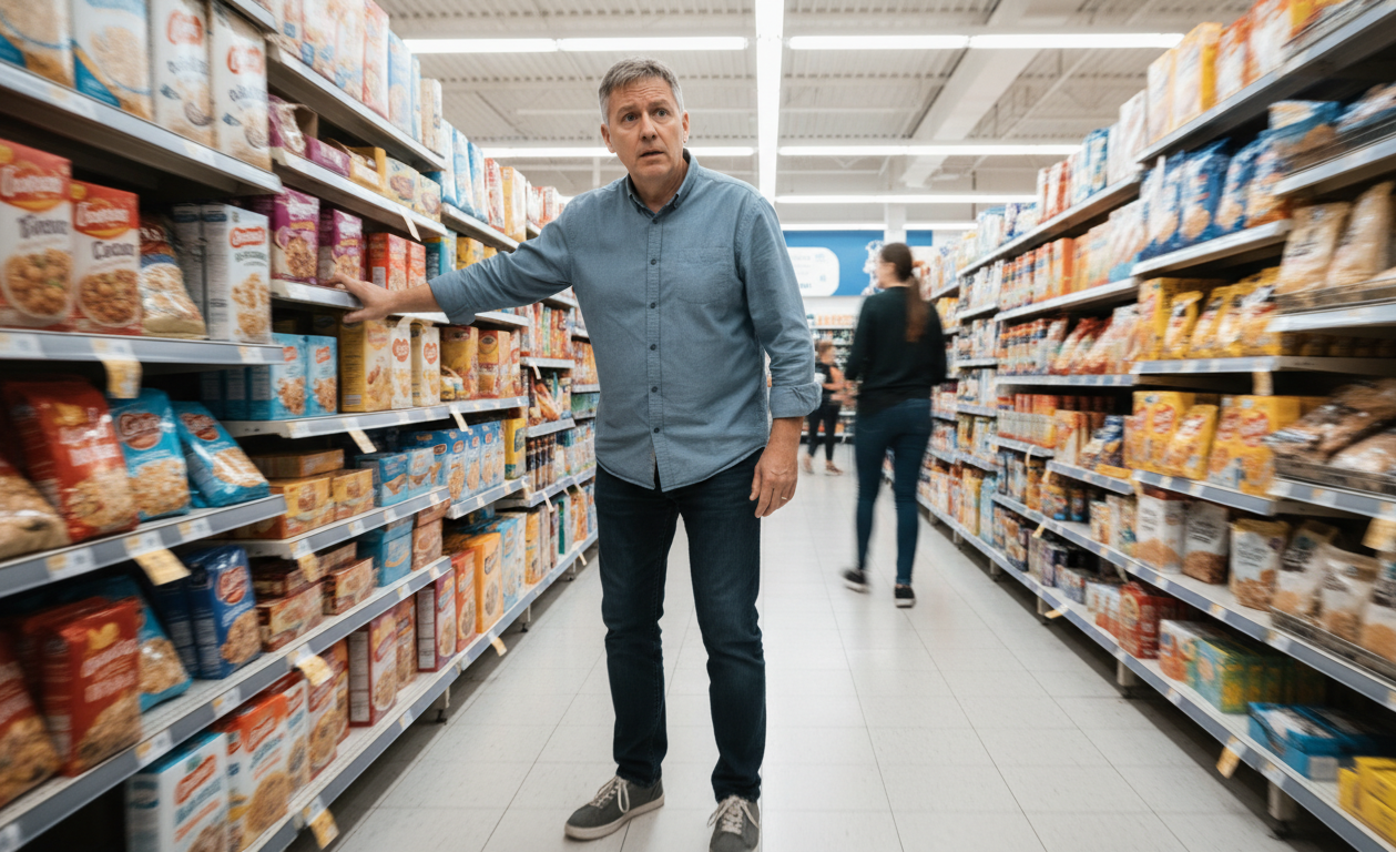 Adult feeling unsteady while walking through a busy grocery store environment