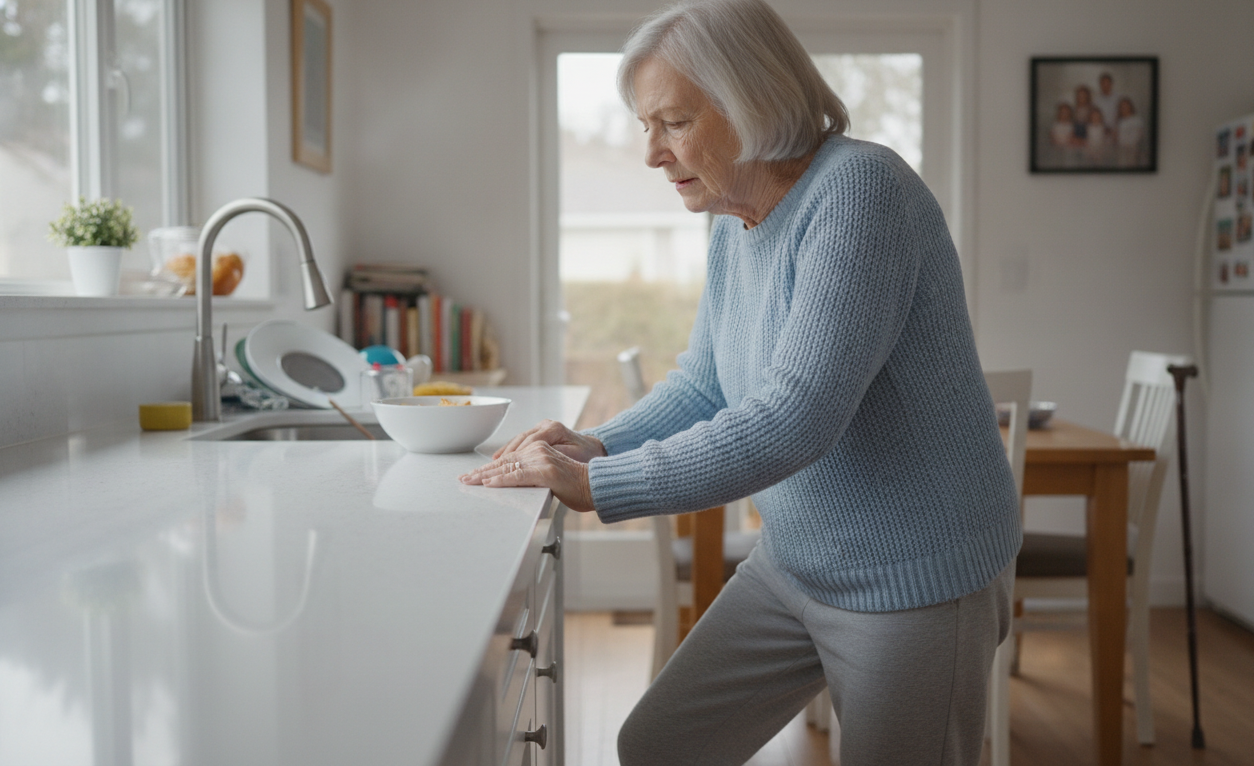 Older adult experiencing balance problems while standing at home.