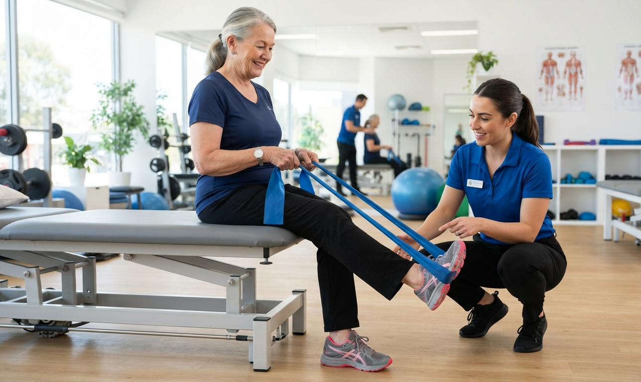 Older adult performing resistance band dorsiflexion exercises for foot drop rehabilitation.