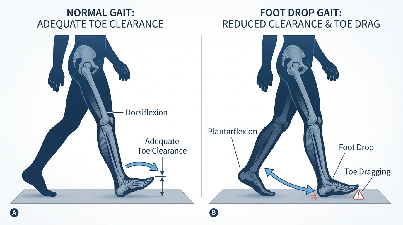 Comparison of normal walking and foot drop gait showing reduced toe clearance.