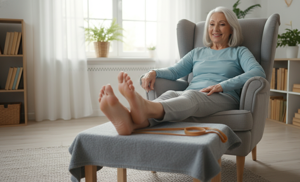 senior doing foot exercises to improve circulation and nerve function