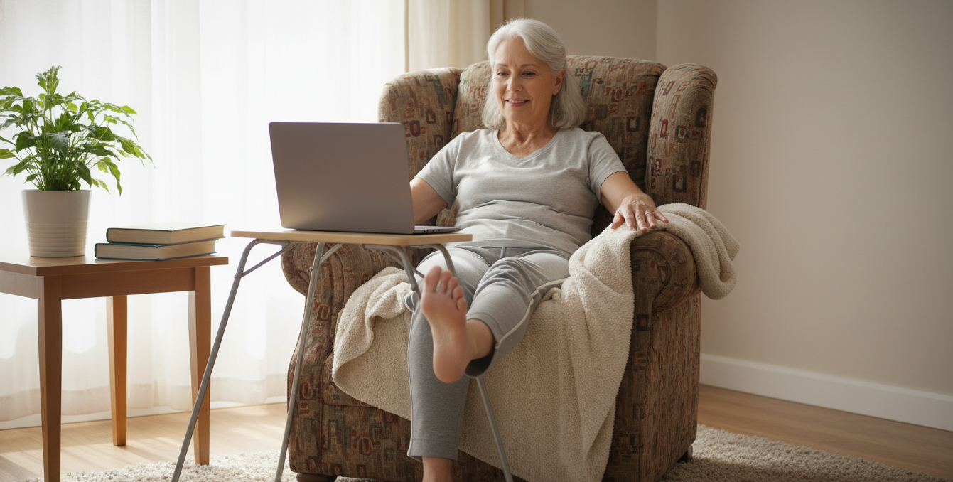 Senior performing foot mobility exercises to improve circulation and nerve function