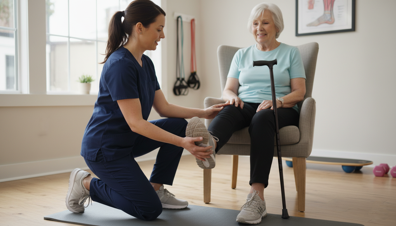 Physical therapist demonstrating foot strengthening exercises for foot pain relief
