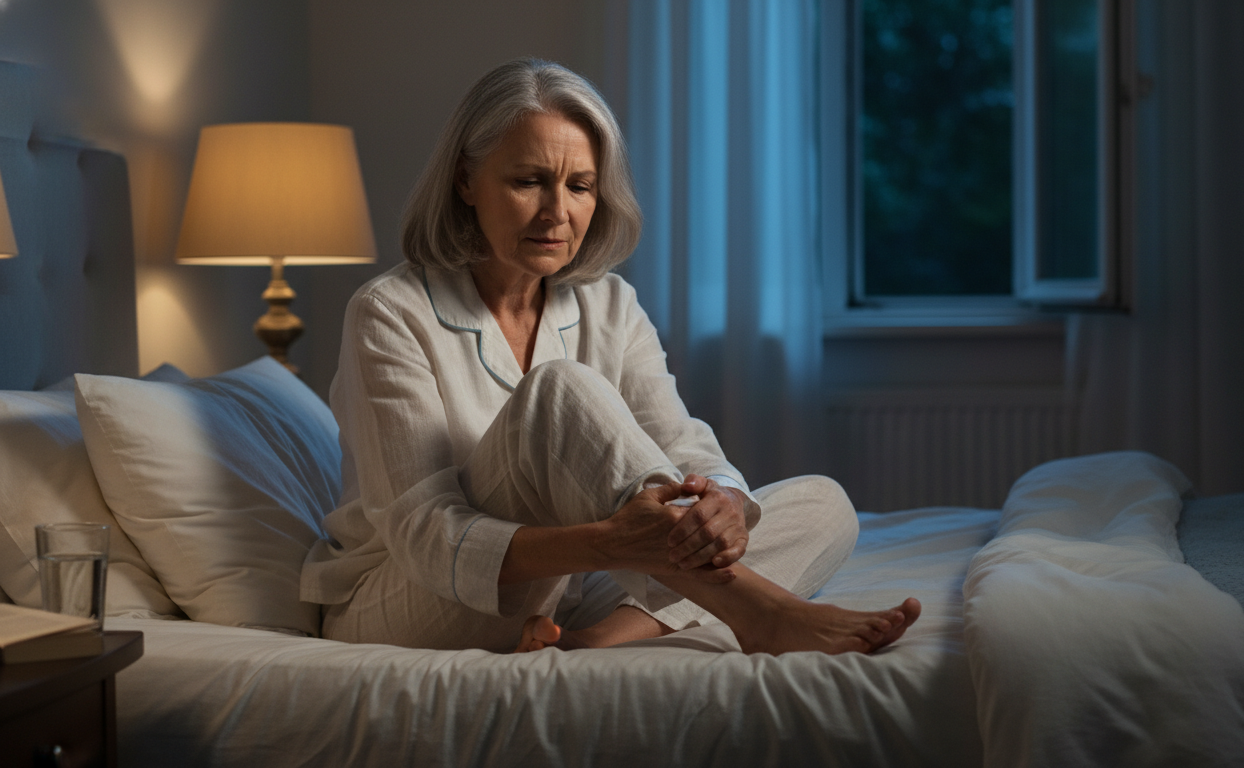 Older adult noticing foot discomfort while resting at night