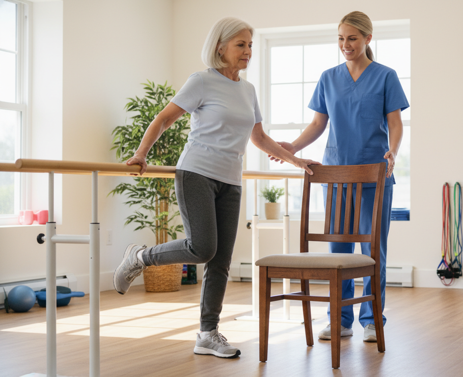 Senior performing foot strengthening and balance exercises during physical therapy