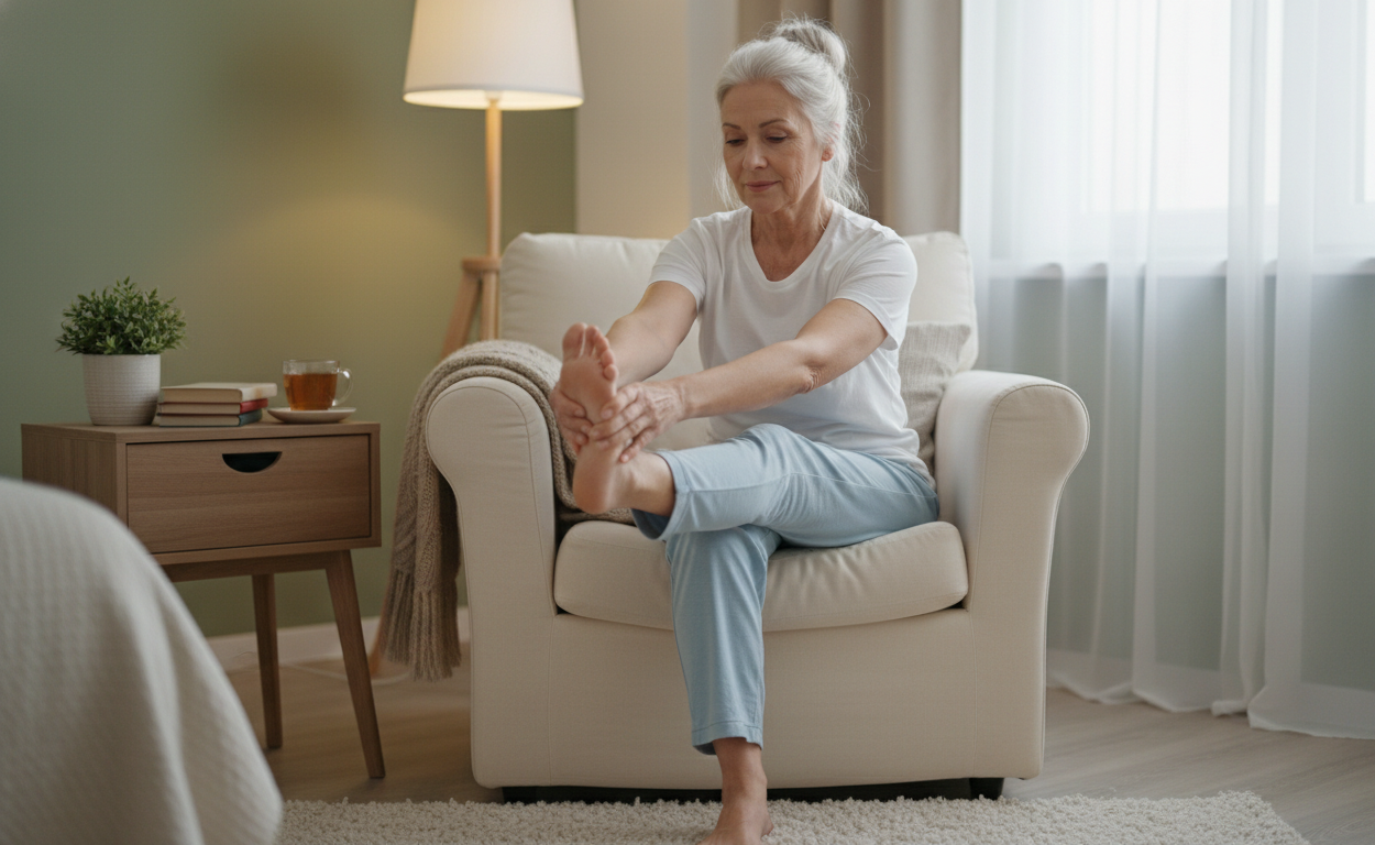 Older adult performing foot stretches before bed to reduce nighttime foot pain