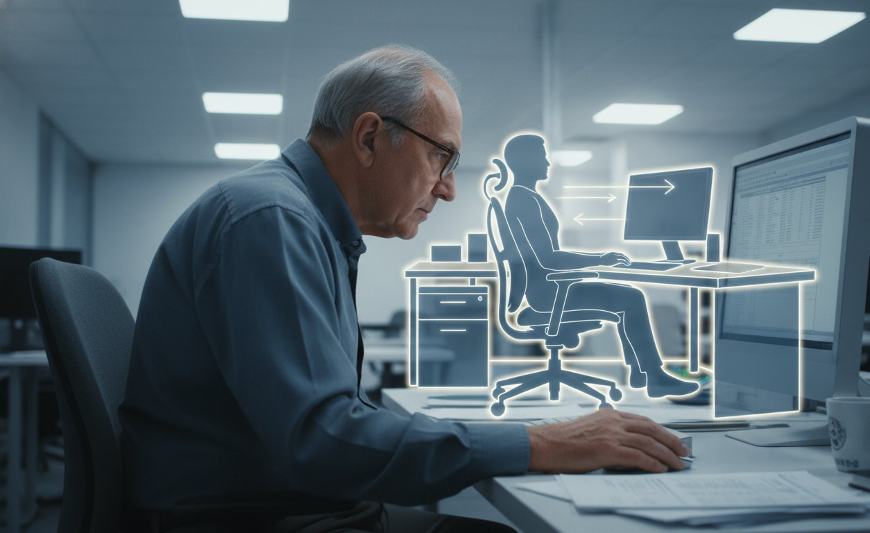 Office worker demonstrating forward head posture that can contribute to occipital neuralgia