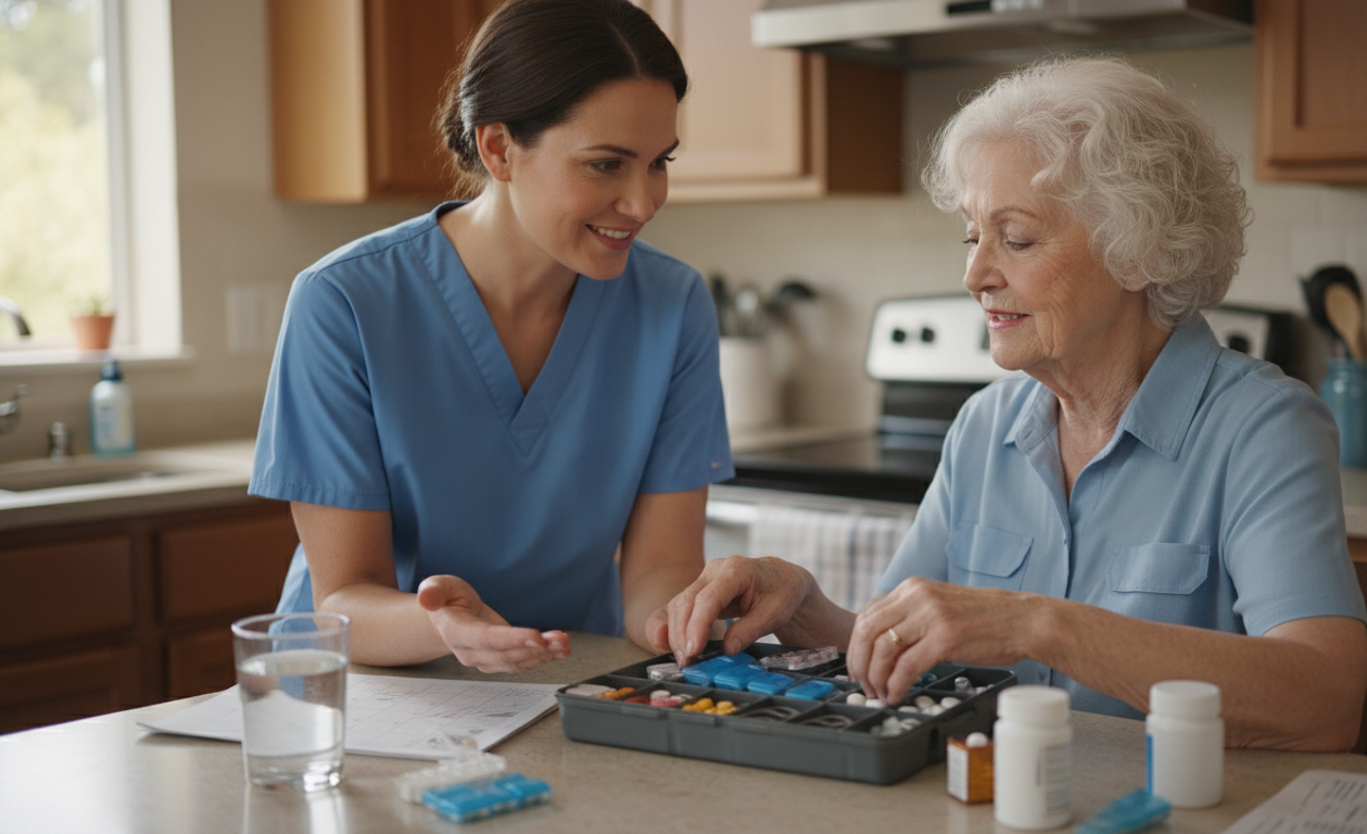 Home health provider observing functional cognitive tasks during a home visit in Salem Oregon.