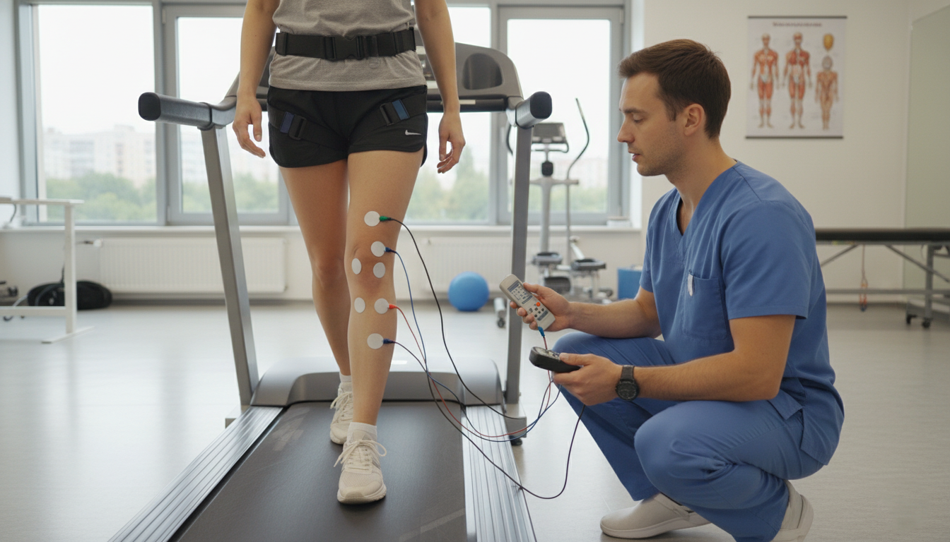 Functional electrical stimulation used on the lower leg during drop foot therapy.