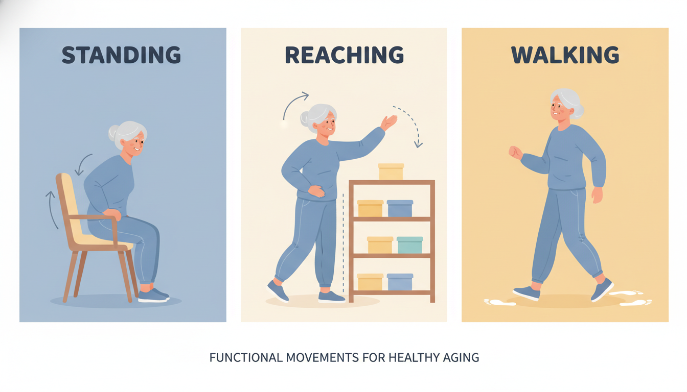 Examples of functional movements seniors use in daily life like standing and reaching
