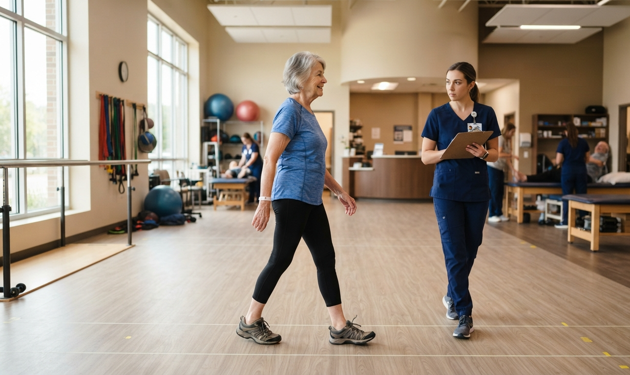Physical therapist evaluating an older adult's walking pattern during a gait assessment.