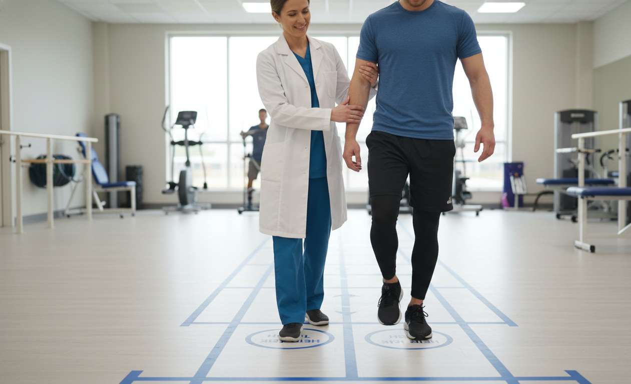 Therapist guiding a patient through heel strike gait training for drop foot.