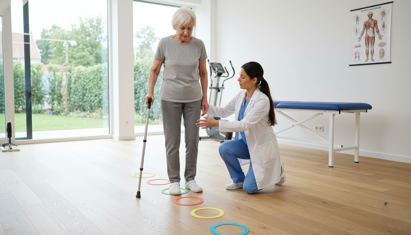 Patient practicing gait correction for hip impingement with a therapist.