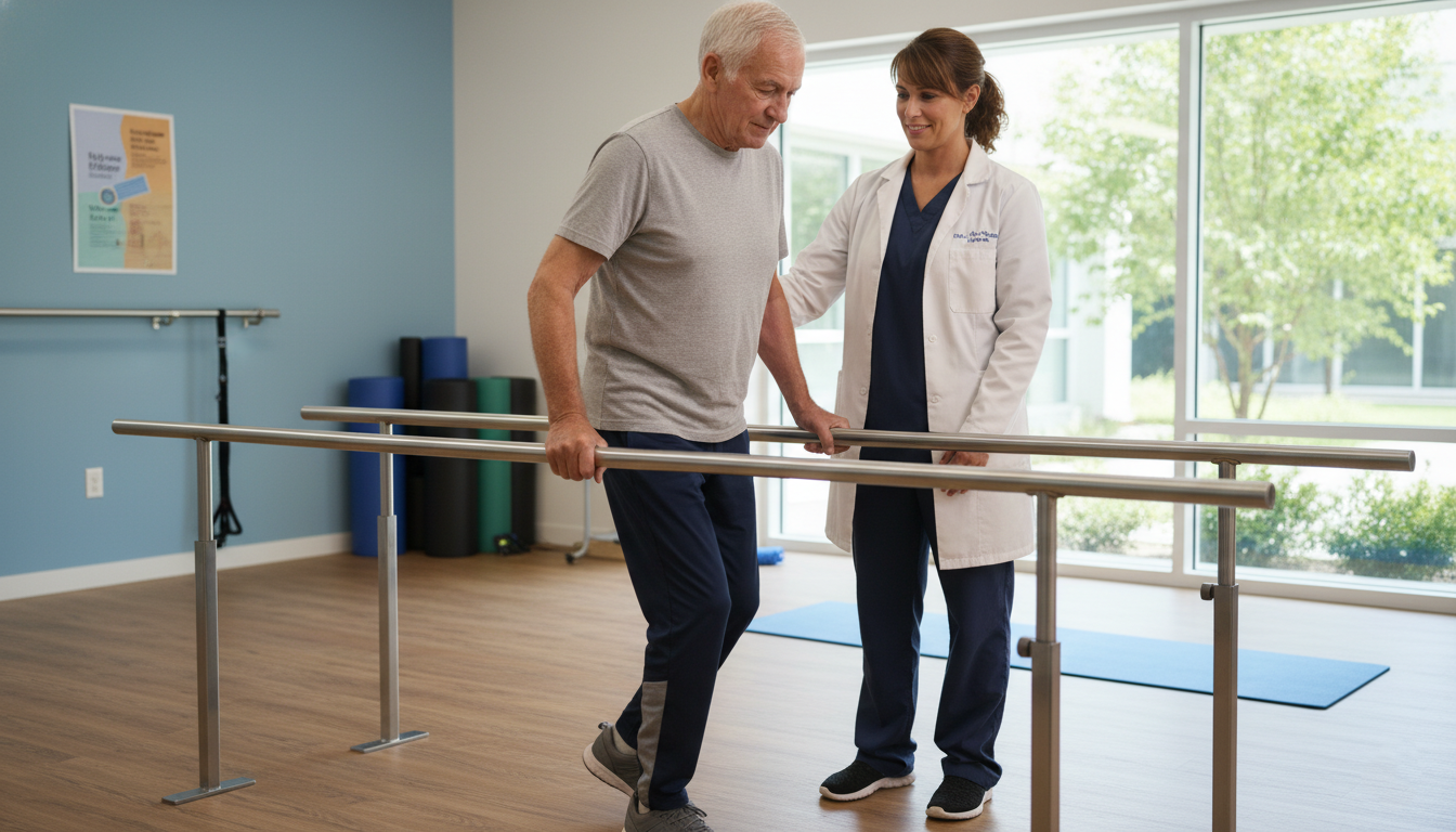 Gait training physical therapy helping a stroke survivor improve walking and balance