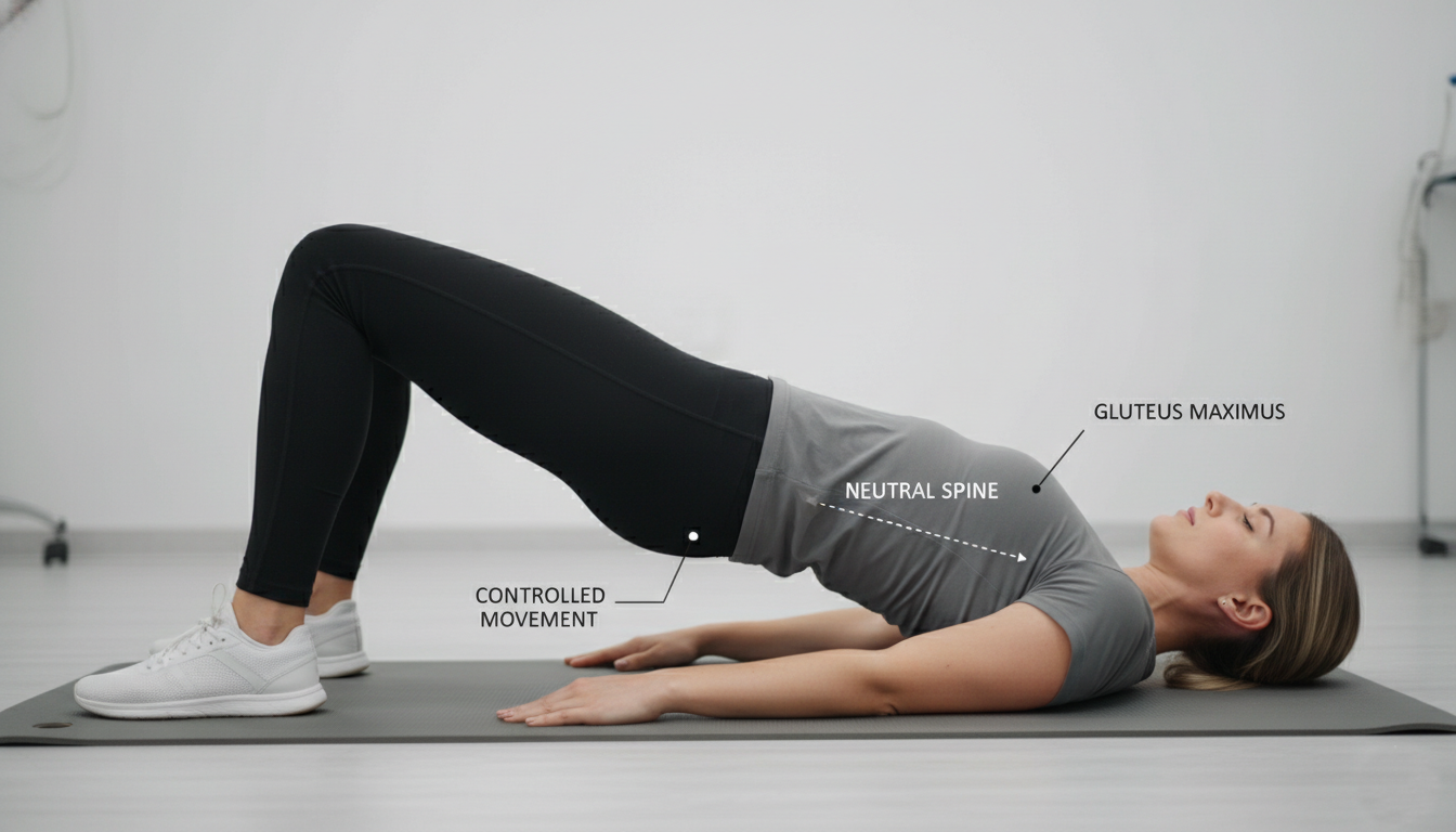 Close up of a glute strengthening bridge exercise used for FAI therapy.