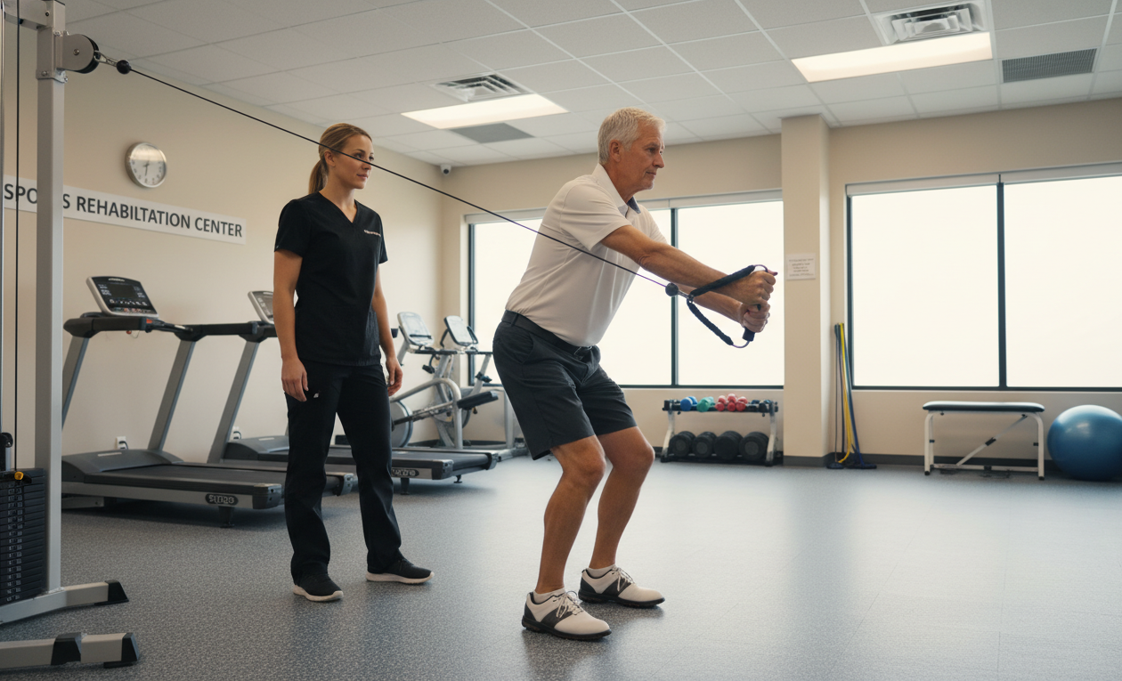 Golf-specific strength training exercise to improve driving distance and core stability