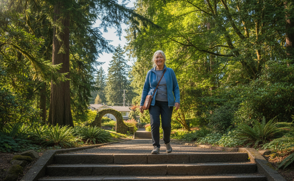 An active older adult confidently climbing outdoor steps while maintaining balance and independence.