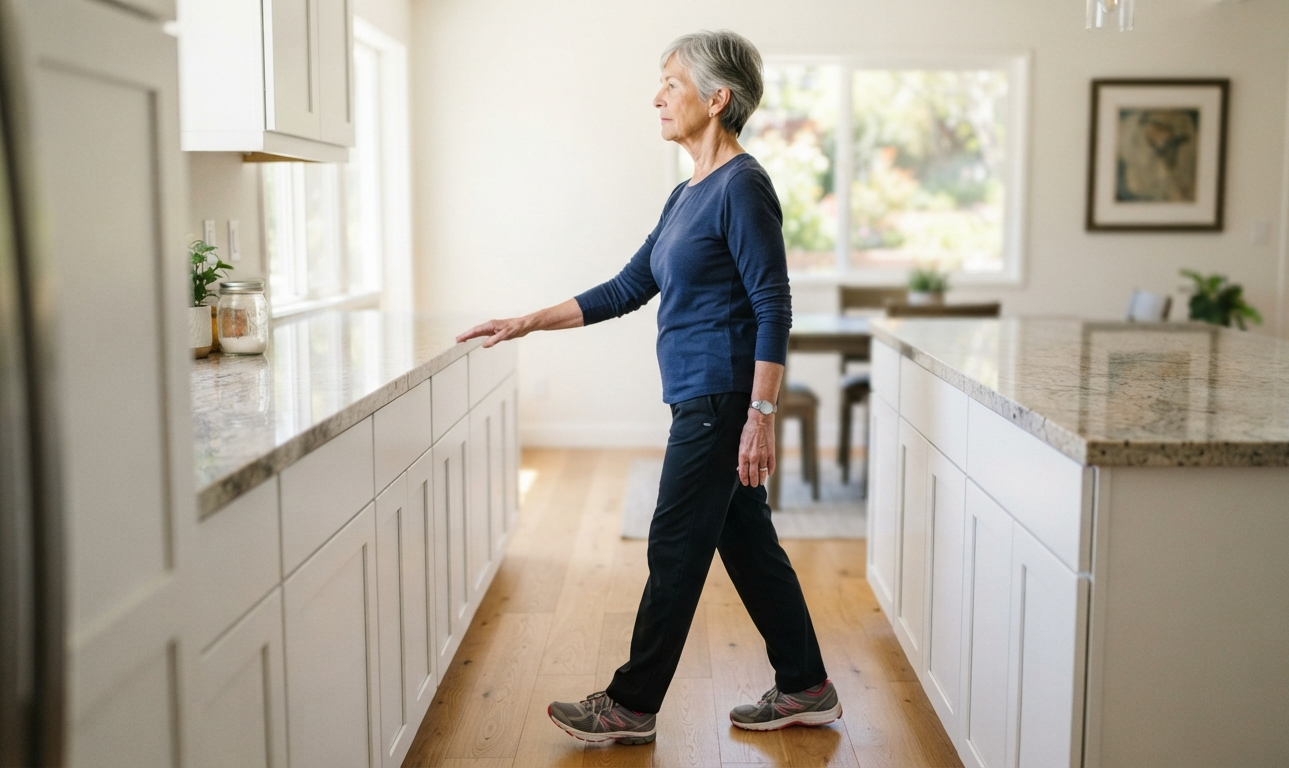 Older adult practicing heel-to-toe walking to improve balance and gait.